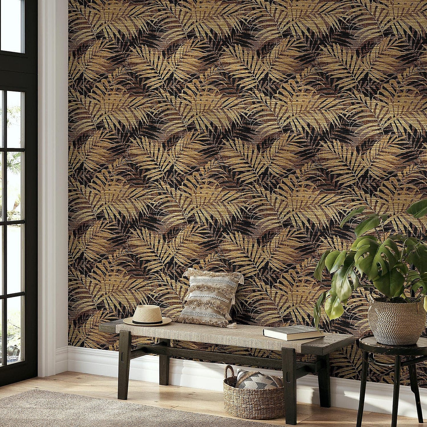 Textured Palm Wallpaper - Gold & Chocolate