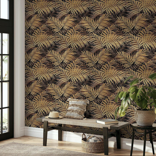 Textured Palm Wallpaper - Gold & Chocolate