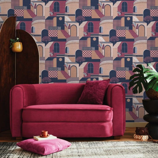 Medina Red & Navy Wallpaper