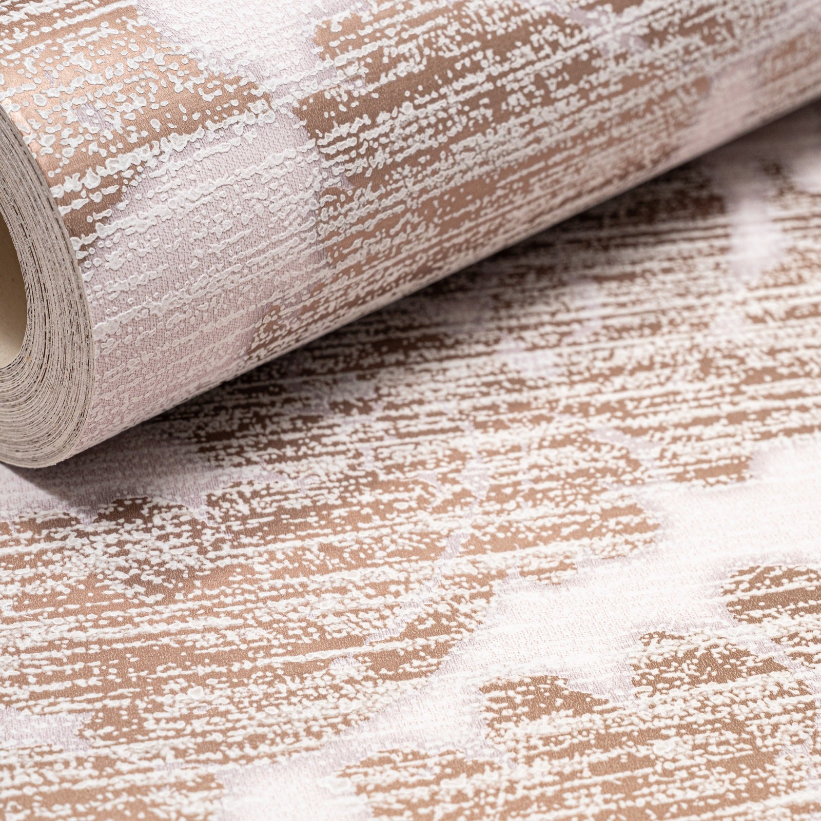 Rose Gold Damask Wallpaper roll with sample card showing colour and finish