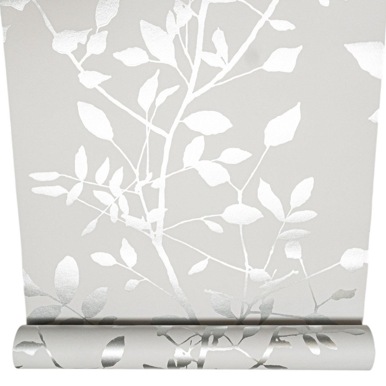 Silver Shadow Floral Wallpaper flat lay showing white leaf and branch pattern on grey background