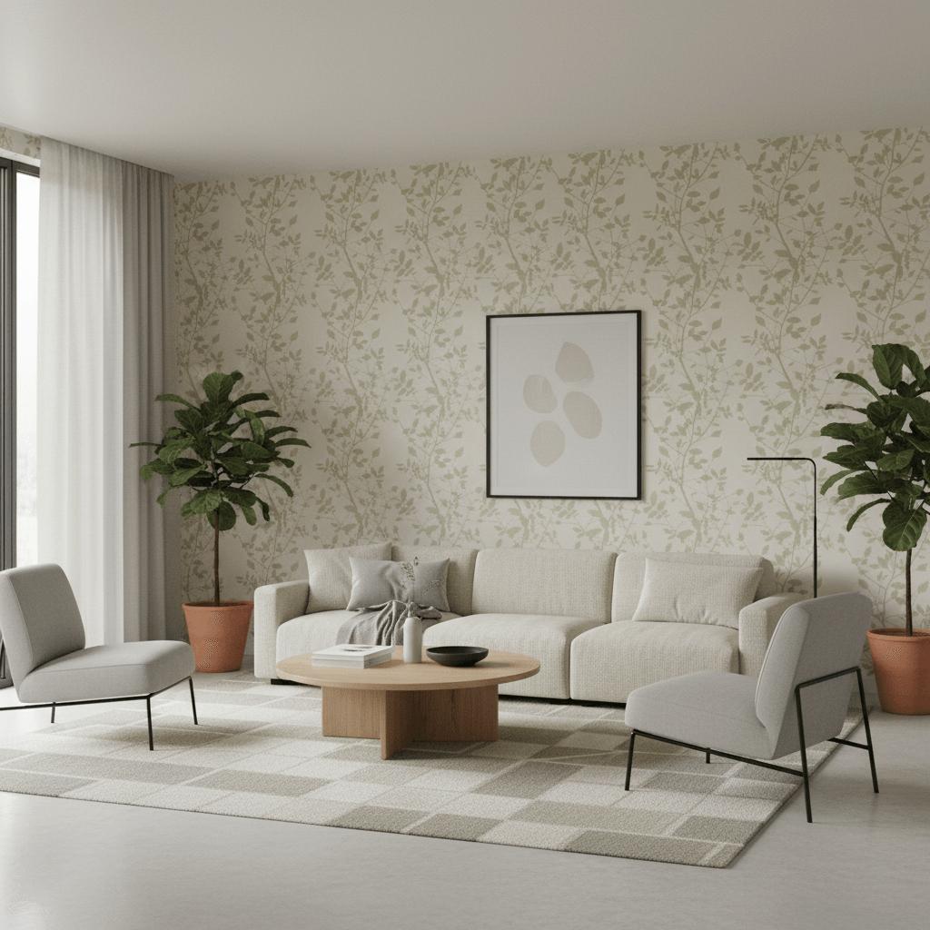 Floral Metallic Chalk Wallpaper in bright modern living room with cream sofa and indoor plants