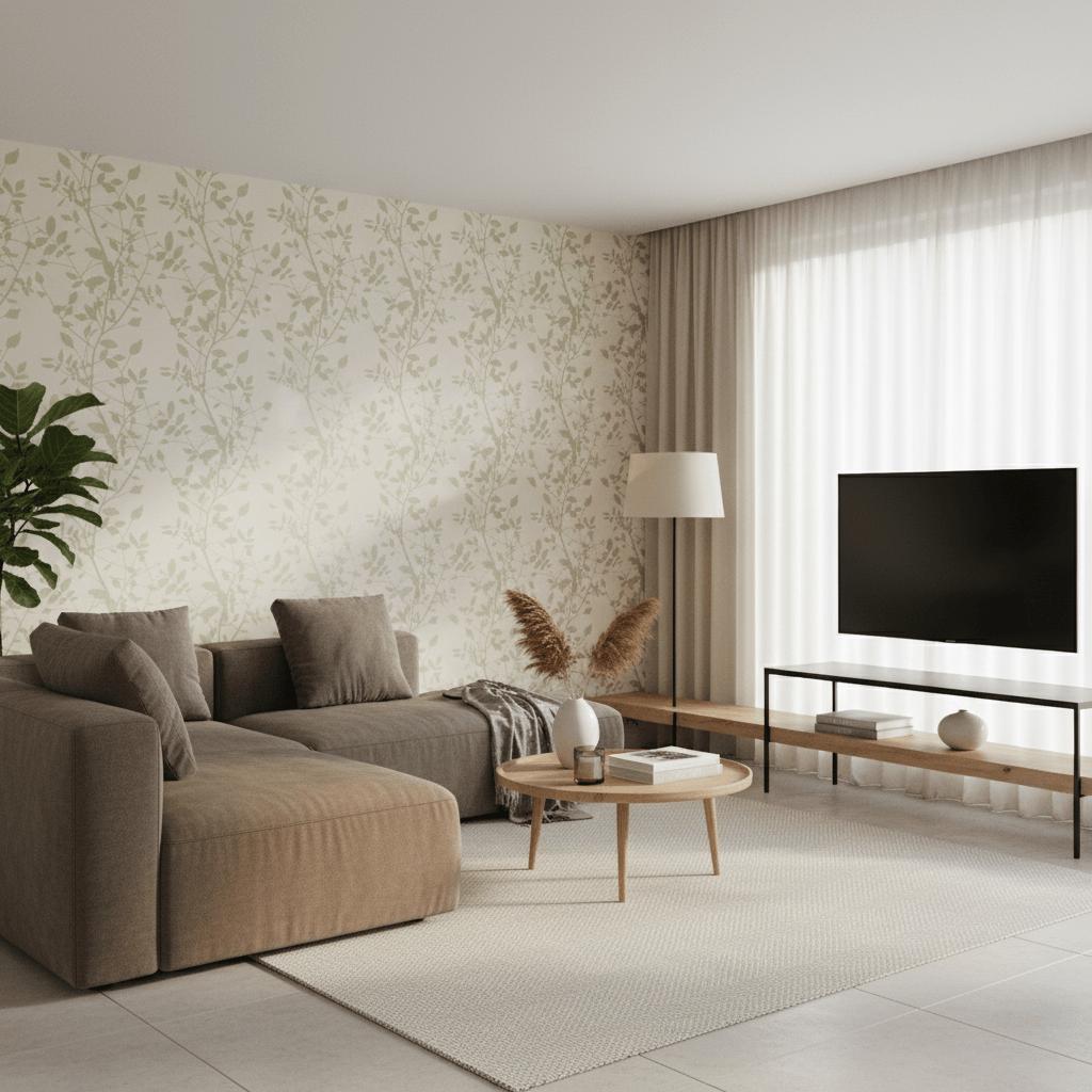 Floral Metallic Chalk Wallpaper in contemporary living room with grey sofa and TV unit