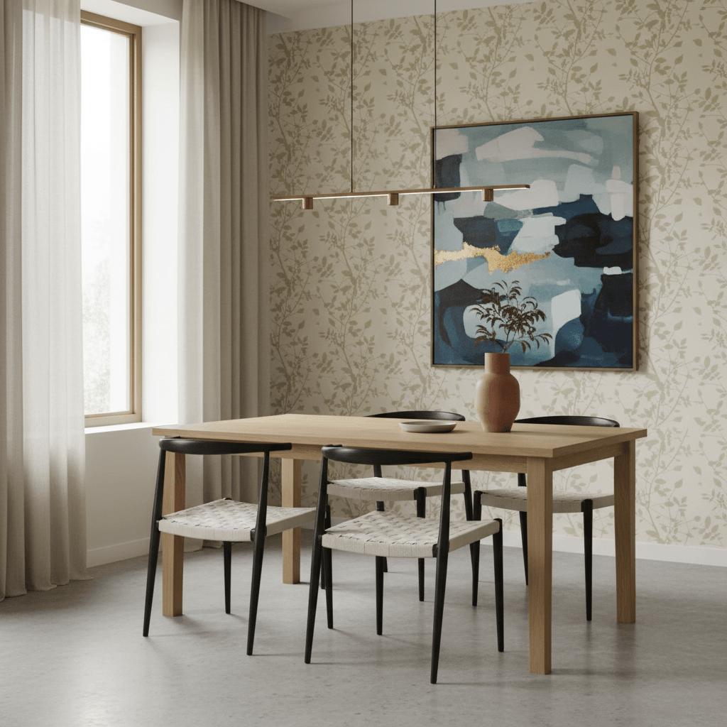 Floral Metallic Chalk Wallpaper in modern dining room with wooden table and abstract wall art