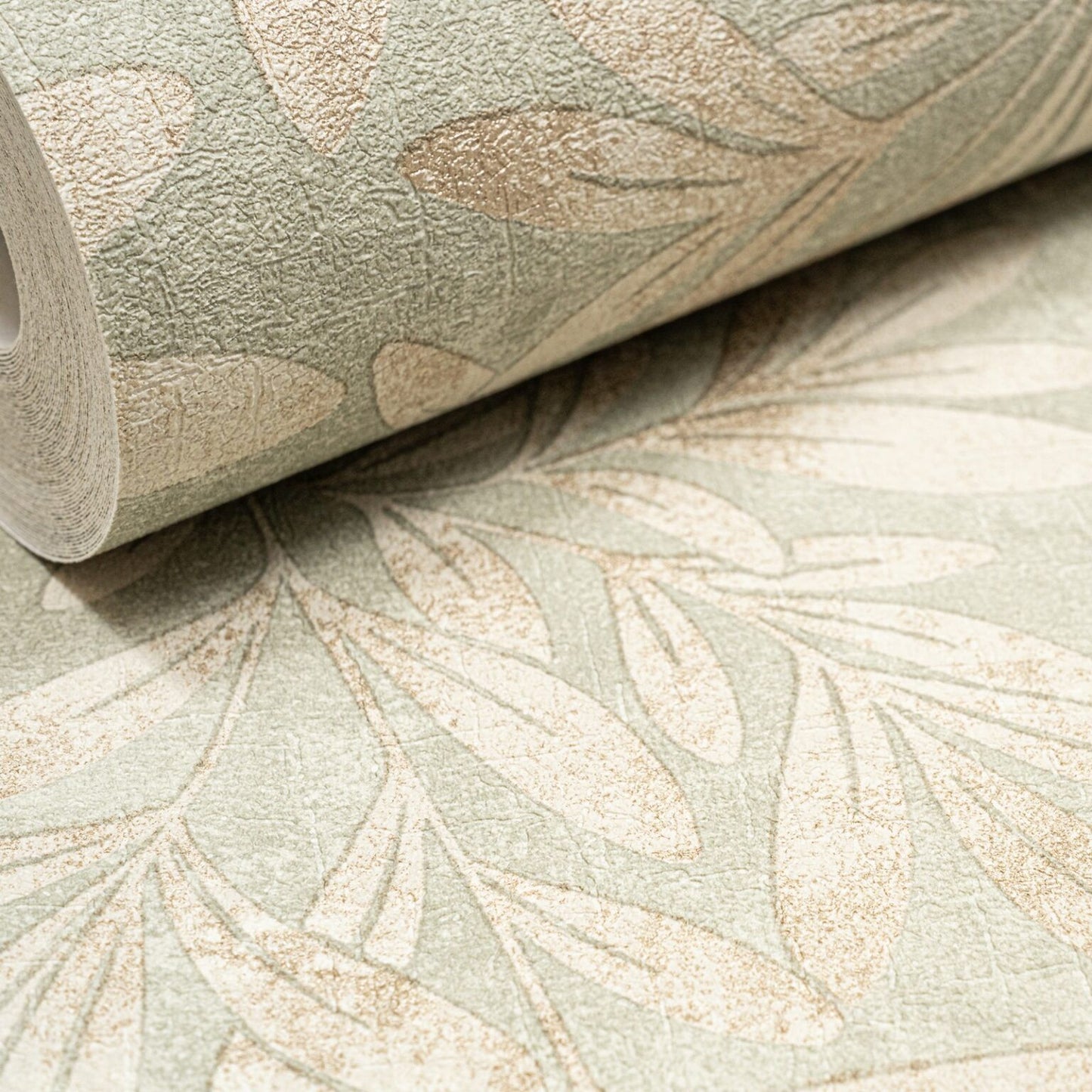 Sage Willow Trail Floral Metallic Gold Leaf Shimmer Textured Wallpaper