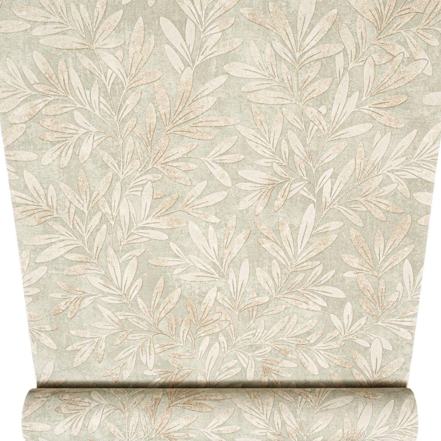 Sage Willow Trail Floral Metallic Gold Leaf Shimmer Wallpaper upright roll showing full pattern length
