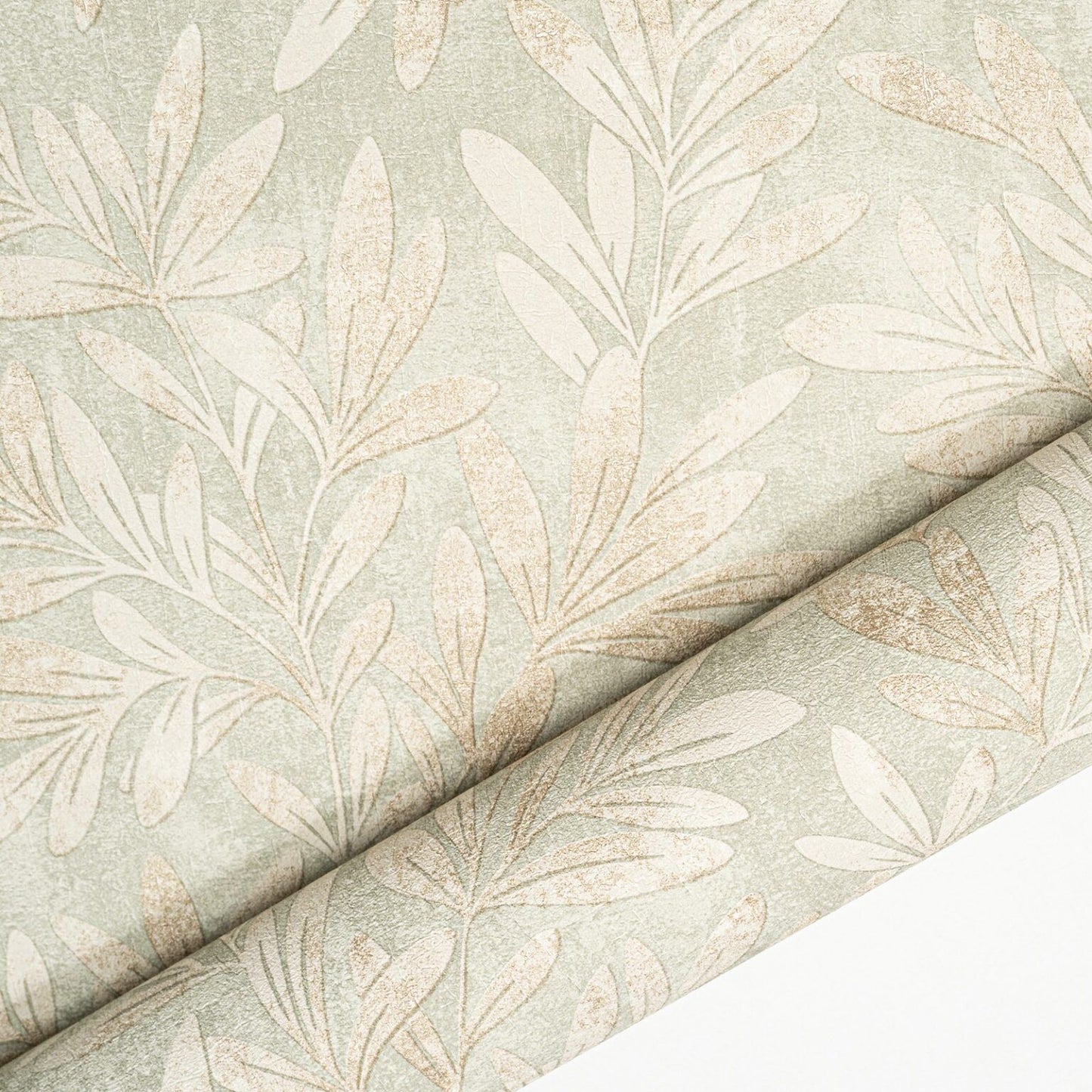 Sage Willow Trail Floral Metallic Gold Leaf Shimmer Wallpaper flat lay showing full leaf pattern repeat
