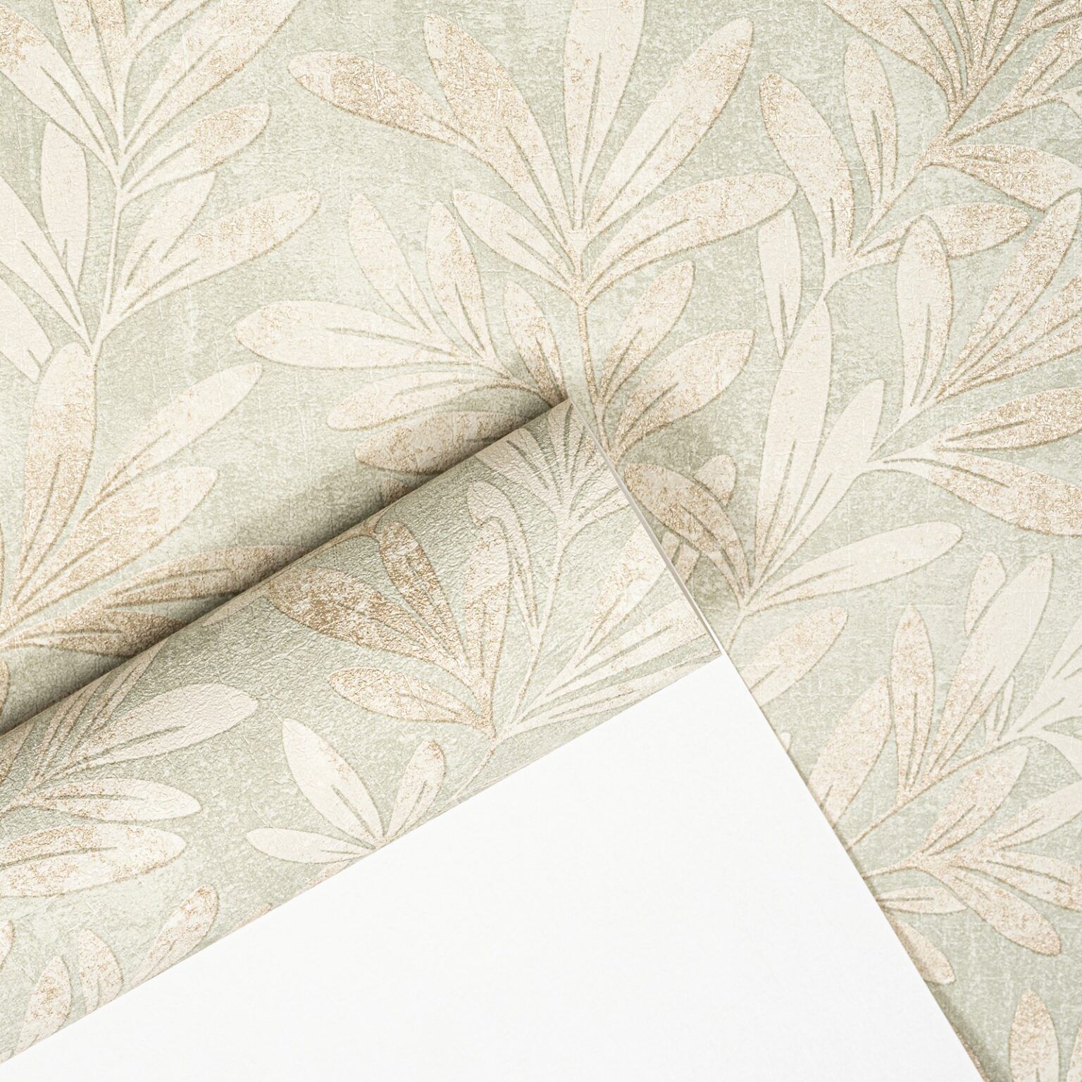 Sage Willow Trail Floral Metallic Gold Leaf Shimmer Wallpaper roll with sample card showing sage green colour