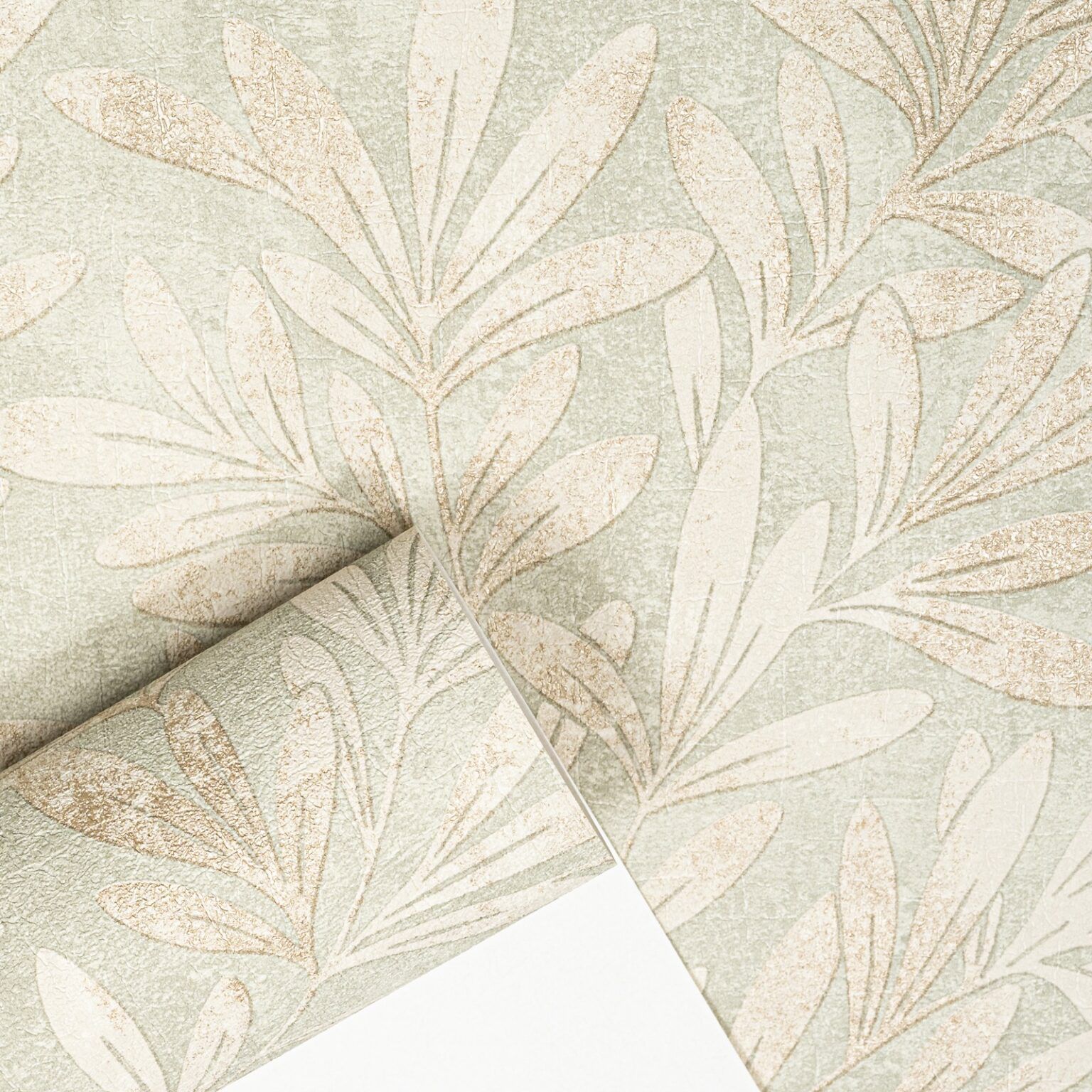 Sage Willow Trail Floral Metallic Gold Leaf Shimmer Wallpaper roll showing embossed texture and metallic finish