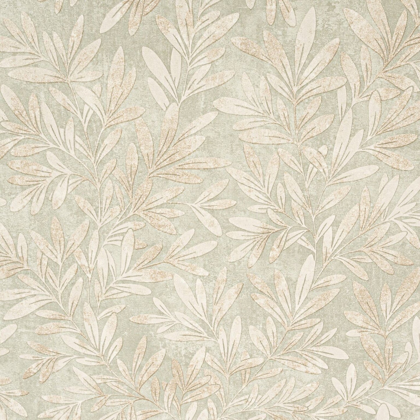 Sage Willow Trail Floral Metallic Gold Leaf Shimmer Wallpaper close up showing gold shimmer leaf detail