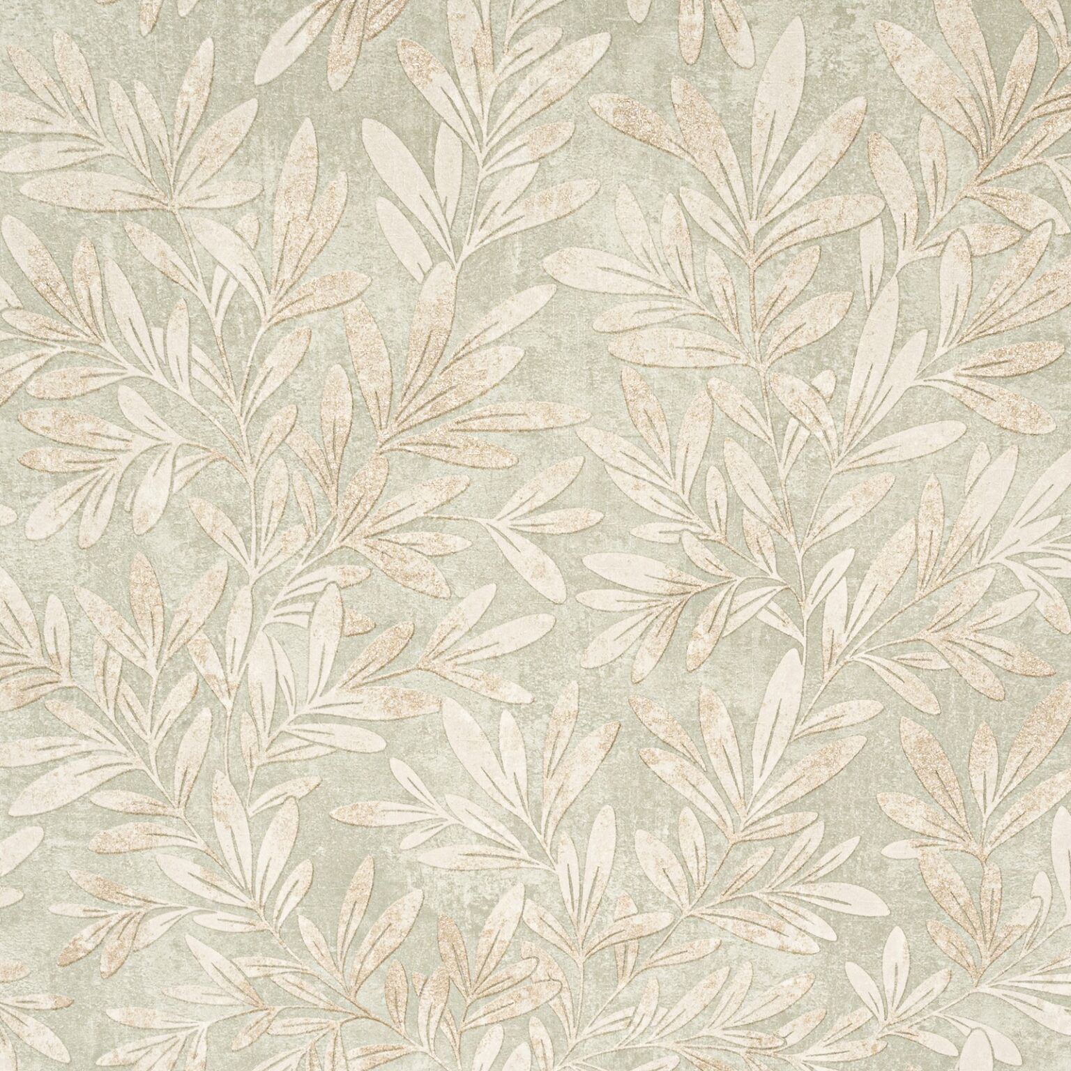 Sage Willow Trail Floral Metallic Gold Leaf Shimmer Wallpaper close up showing gold shimmer leaf detail