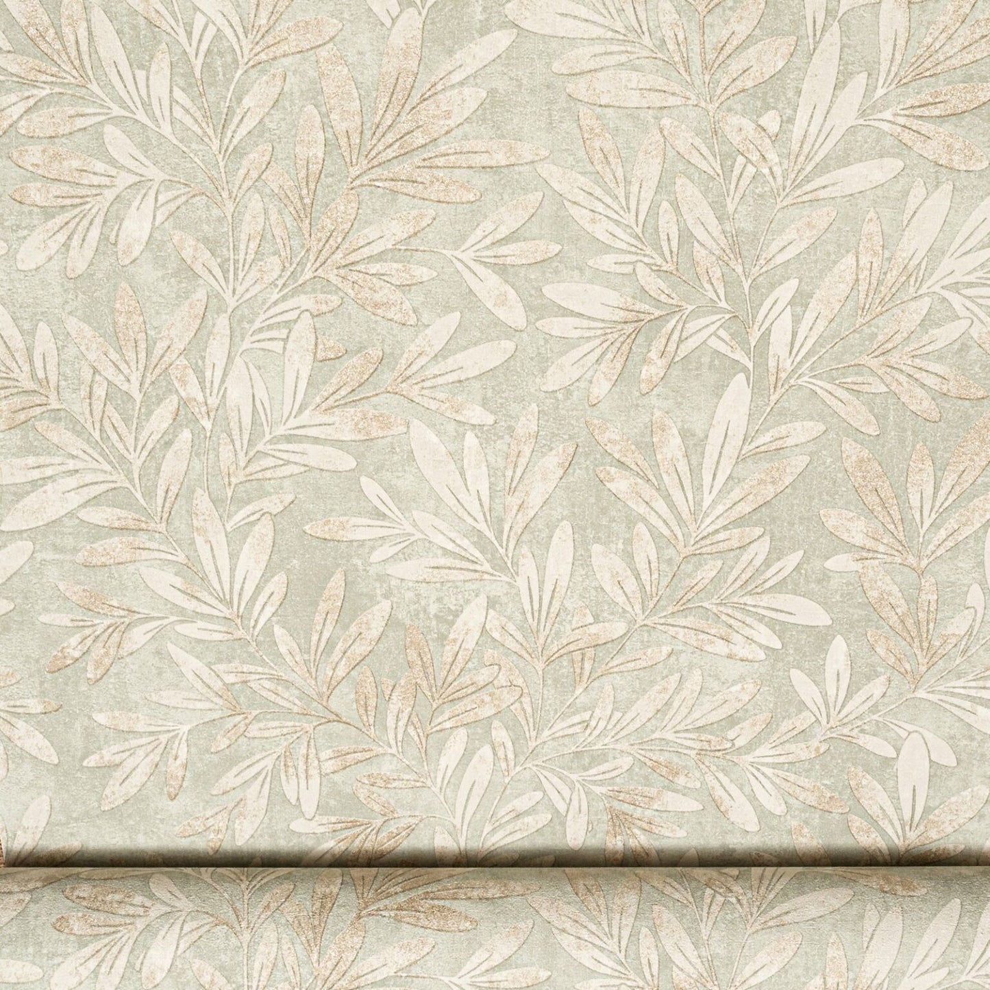Sage Willow Trail Floral Metallic Gold Leaf Shimmer Wallpaper flat lay showing large leaf motif and gold shimmer