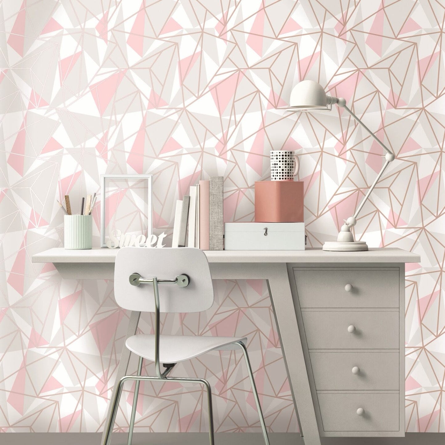Pink Grey Geometric Wallpaper Retro White Metallic
