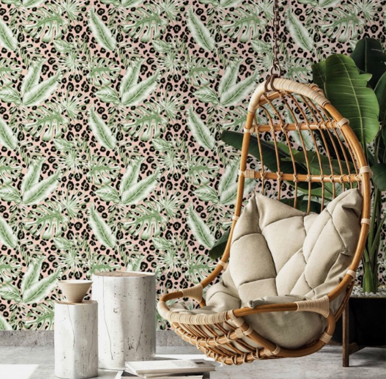 Pink Tropical Gold Leopard Print Wallpaper