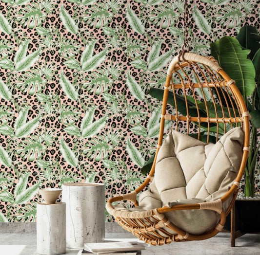 Pink Tropical Gold Leopard Print Wallpaper