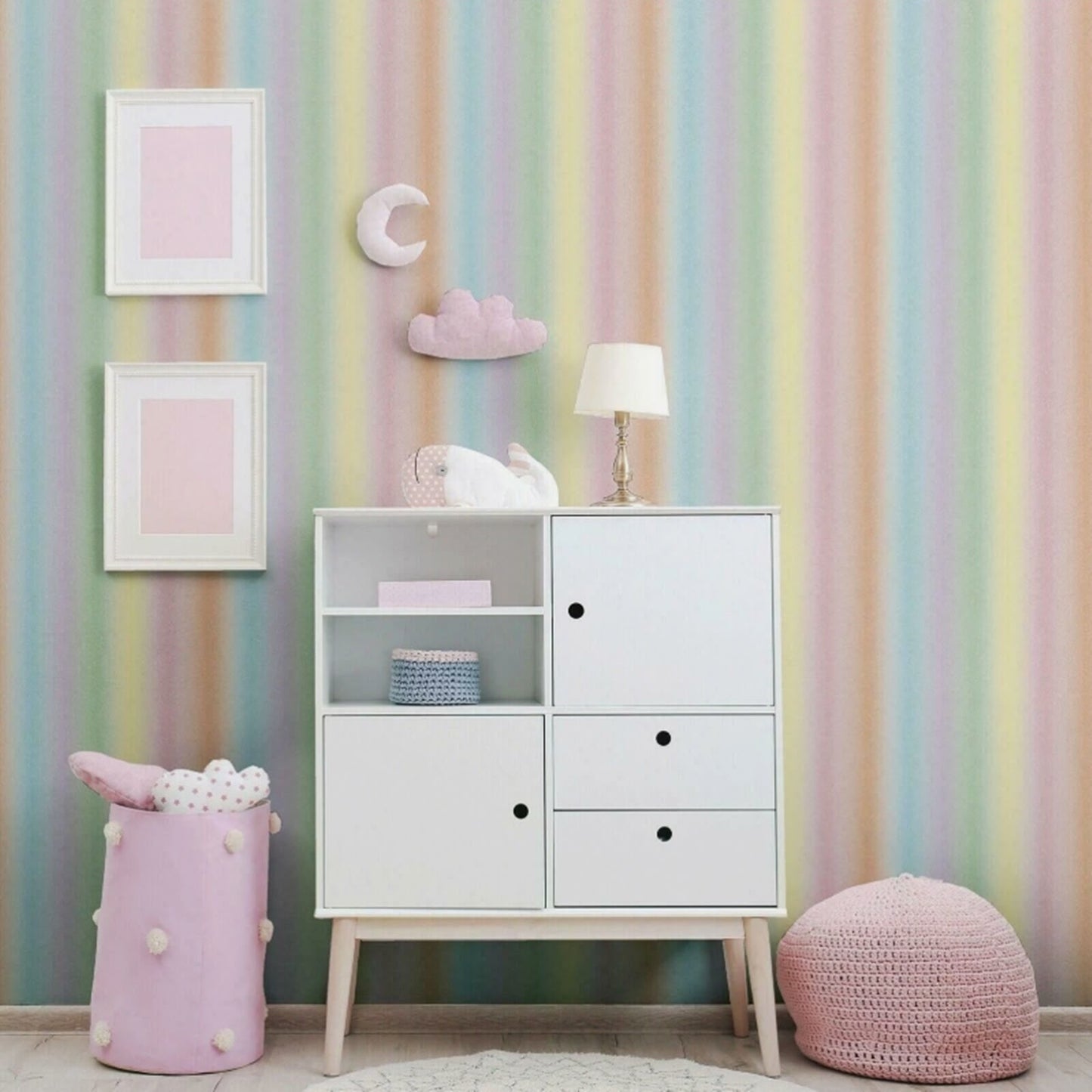 Kids Rainbow Stripe Wallpaper Pink Yellow Green Orange Feature Wall