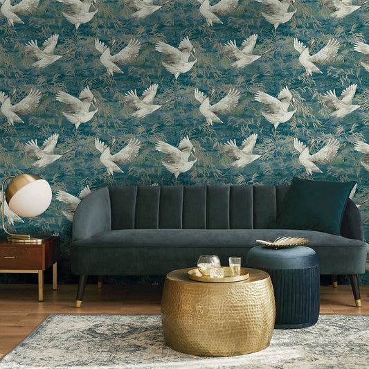 Sarus Cranes Teal Wallpaper