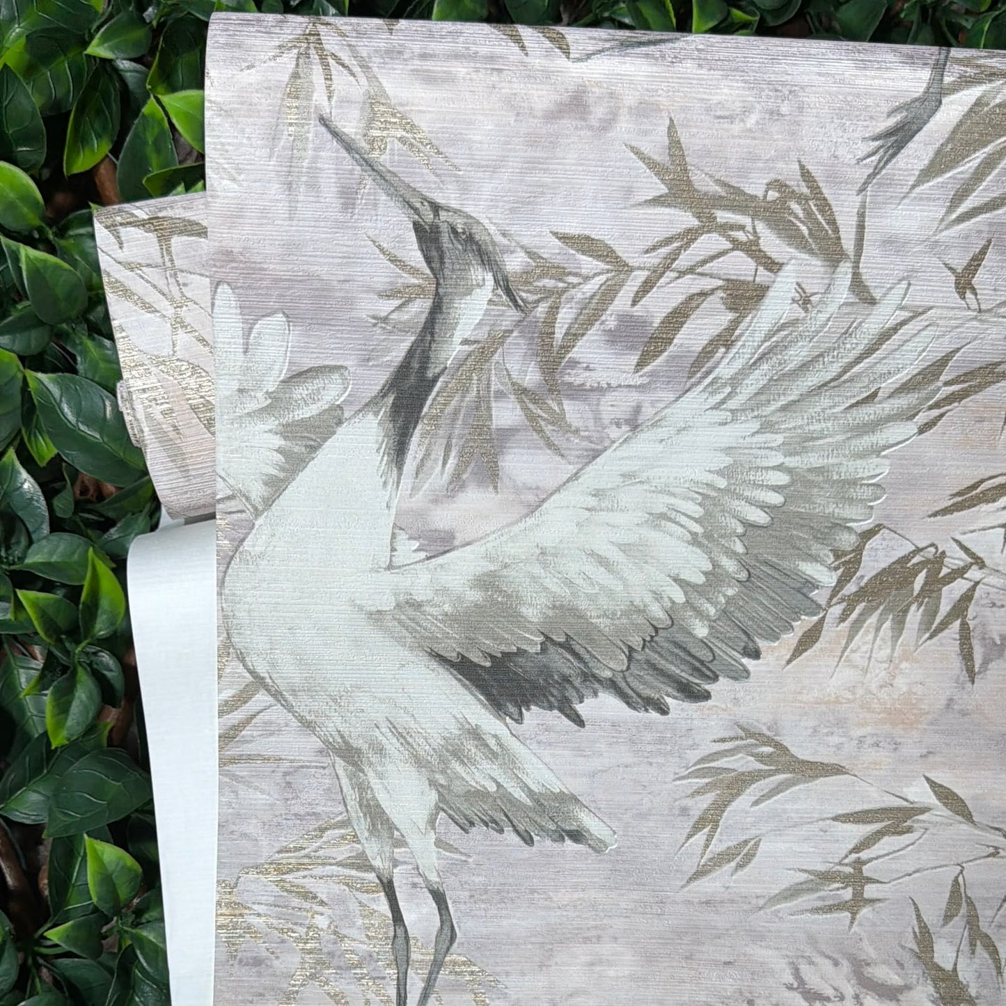 Sarus Pink Crane Metallic Wallpaper