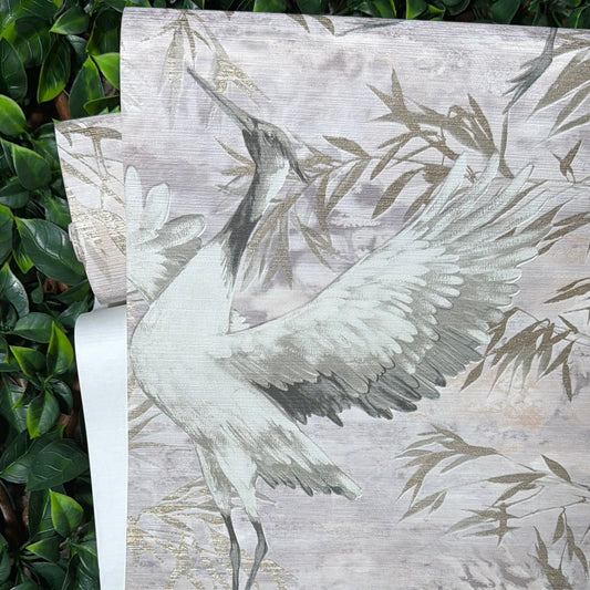 Sarus Pink Crane Metallic Wallpaper