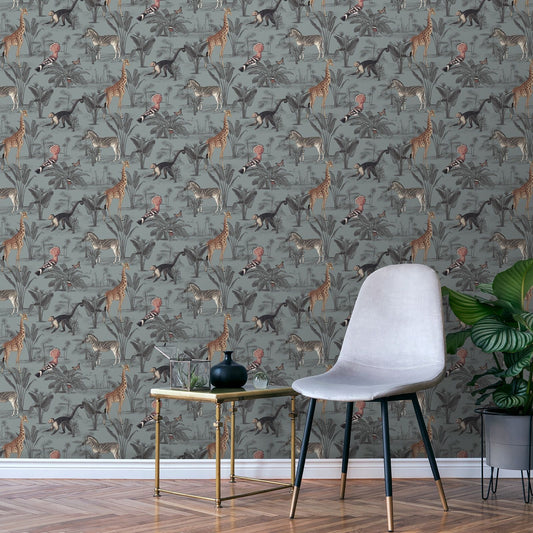 Blue Grey Tones Animal Safari Wallpaper Slightly Textured Feature Wall