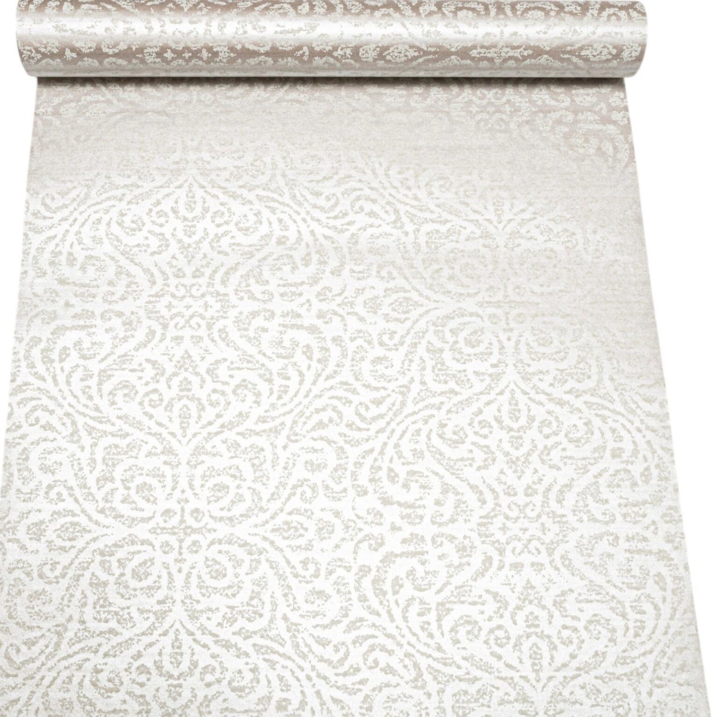 Taupe Metallic Damask Floral Textured Wallpaper two rolls showing pattern repeat