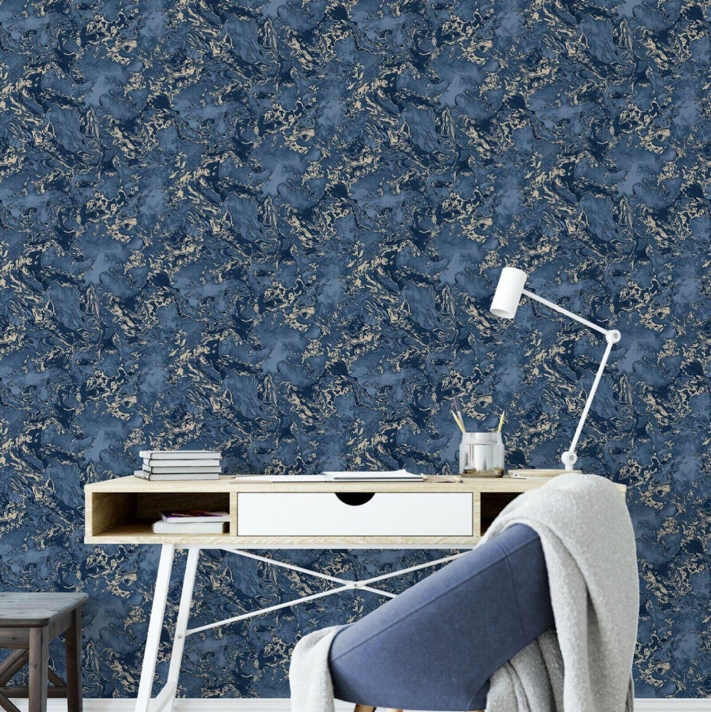 Blue and Gold Ripple Metallic Liquid Marble Wallpaper in modern home office with desk