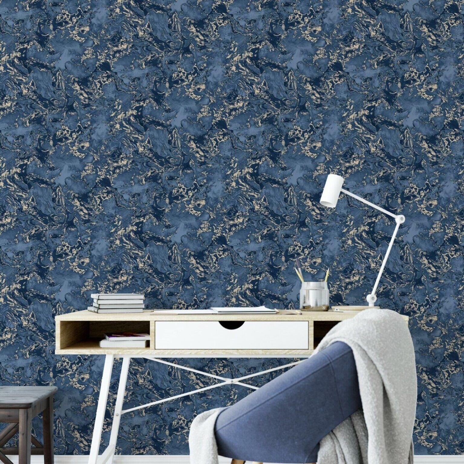 Blue and Gold Ripple Metallic Liquid Marble Wallpaper in modern home office with desk