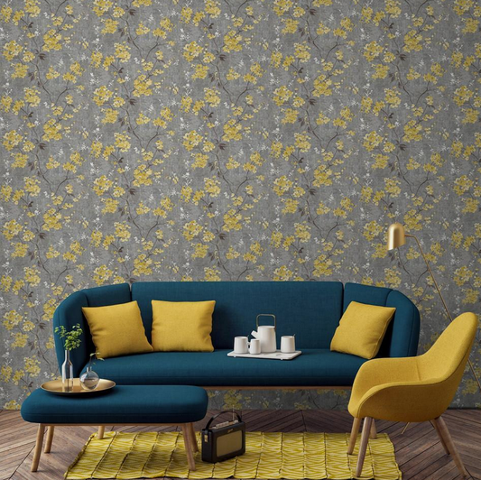Anethe Blossom Wallpaper in modern living room with teal sofa and mustard yellow accents