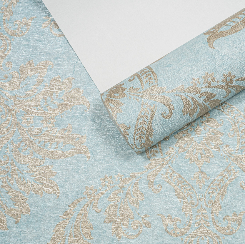 Capri Damask Teal Wallpaper roll showing pattern detail and metallic gold finish