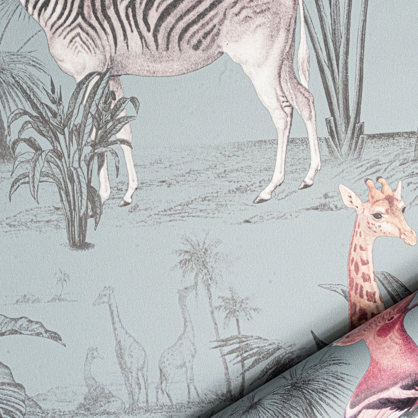 Blue Grey Tones Animal Safari Wallpaper Slightly Textured Feature Wall