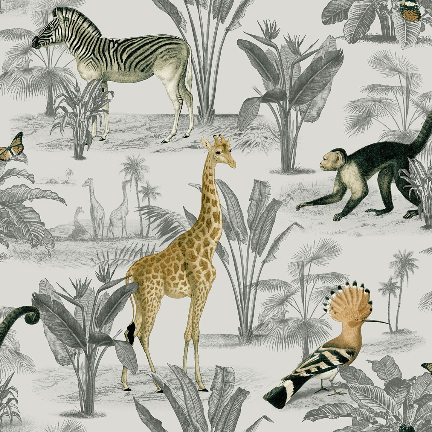 Soft White Animal Safari Wallpaper Slightly Textured Multi Feature Wall
