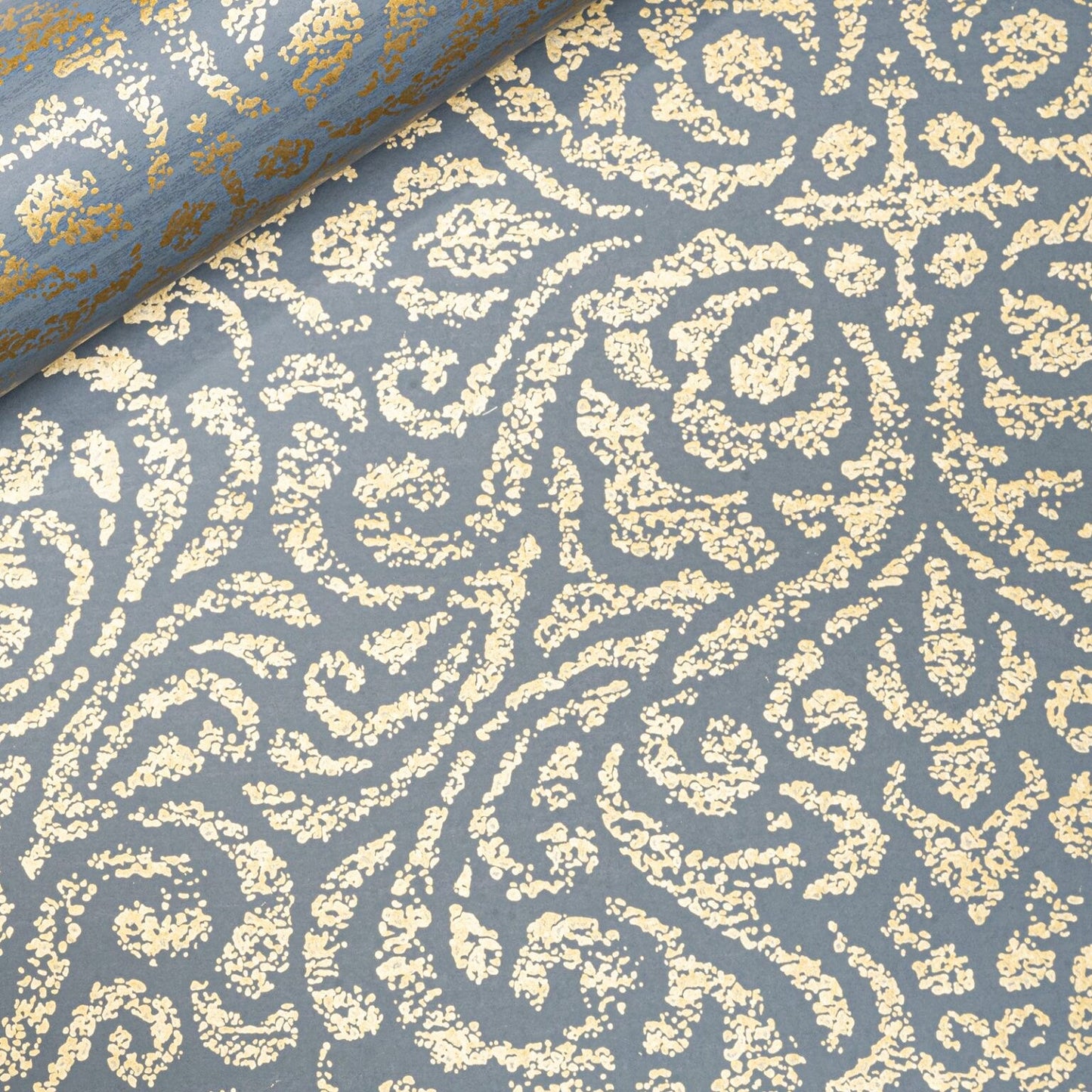 Blue Floral Damask Gold Metallic Shimmer Wallpaper roll close up showing detailed damask repeat