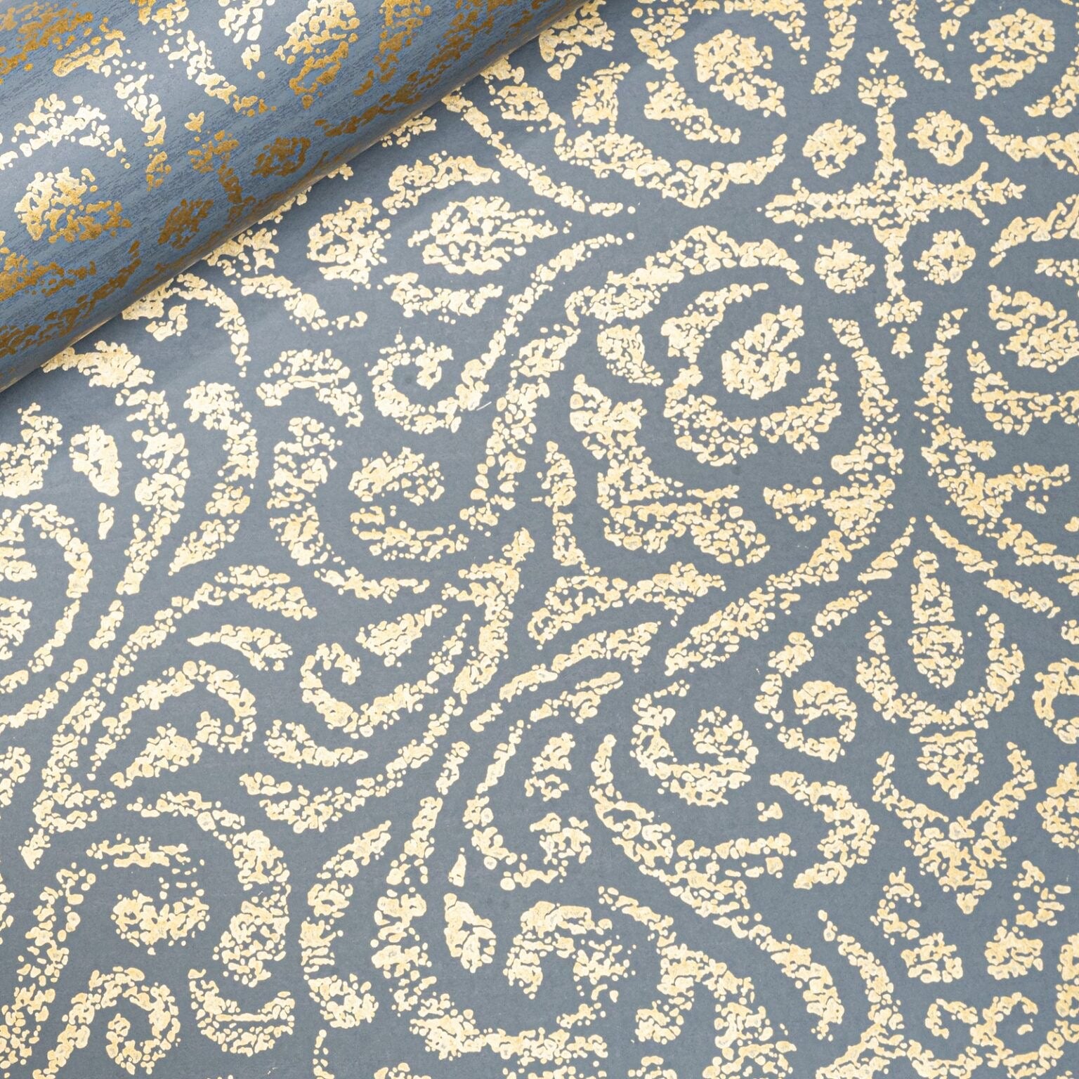 Blue Floral Damask Gold Metallic Shimmer Wallpaper roll close up showing detailed damask repeat