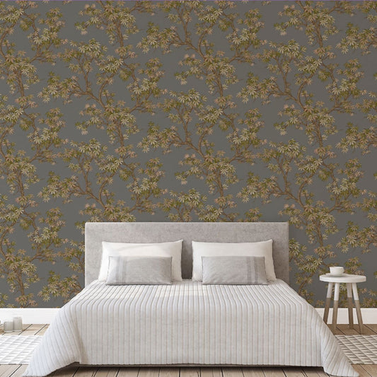 Charcoal Floral Acer Tree Wallpaper in modern bedroom with grey upholstered bed