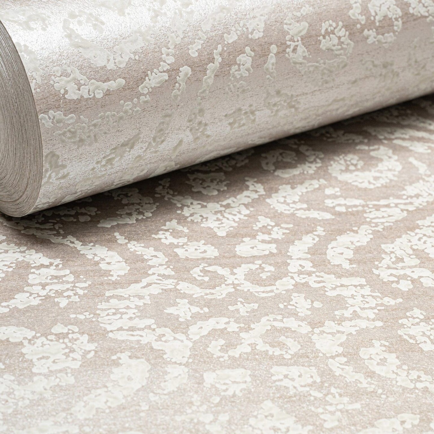 Taupe Metallic Damask Floral Textured Wallpaper roll showing reverse and pattern detail