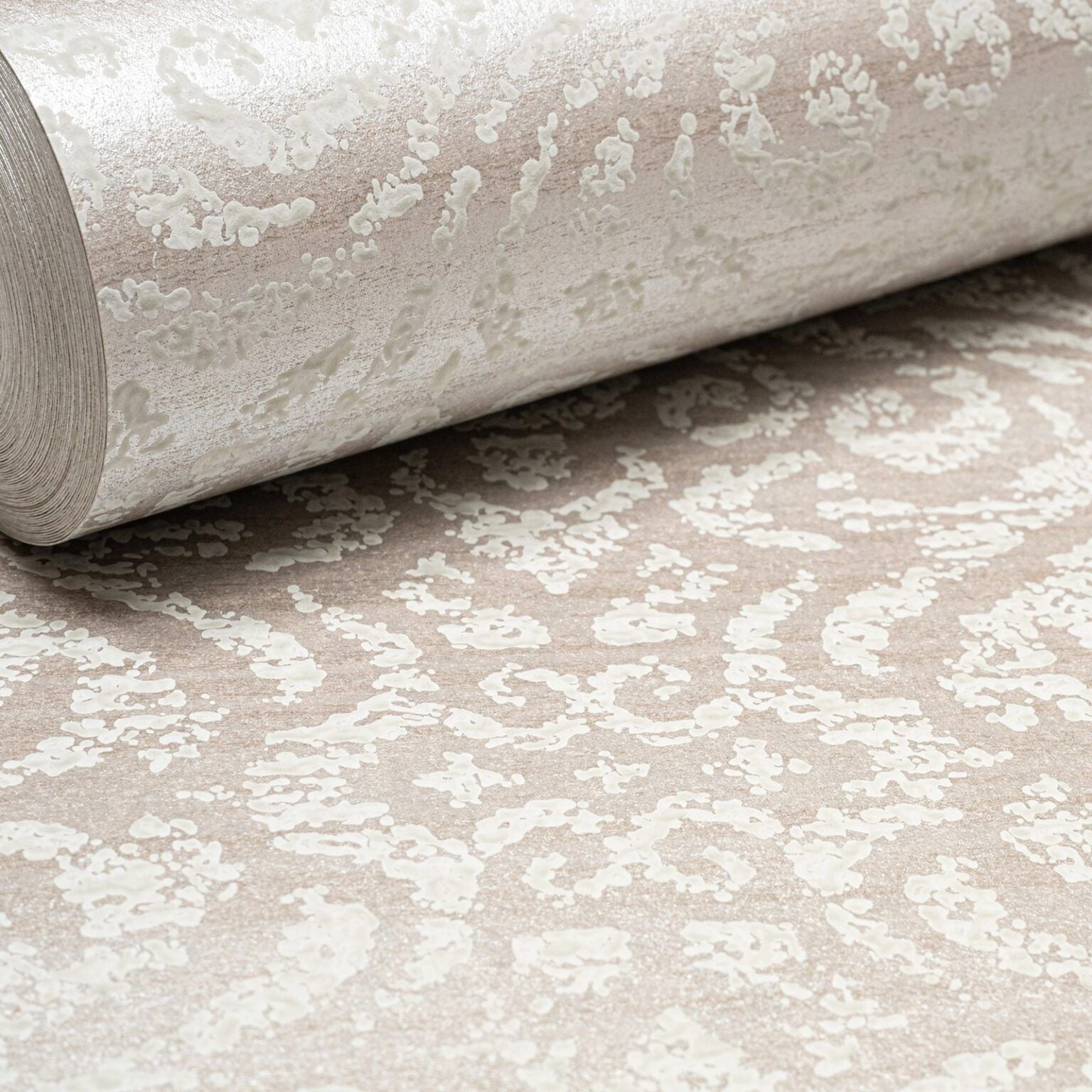 Taupe Metallic Damask Floral Textured Wallpaper roll showing reverse and pattern detail