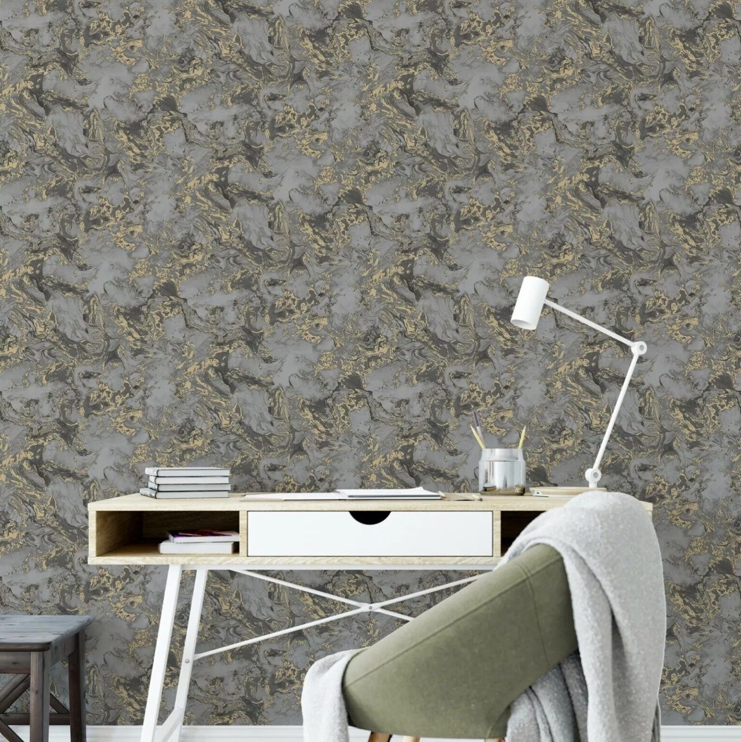 Charcoal and Gold Liquid Marble Wallpaper in modern home office with desk