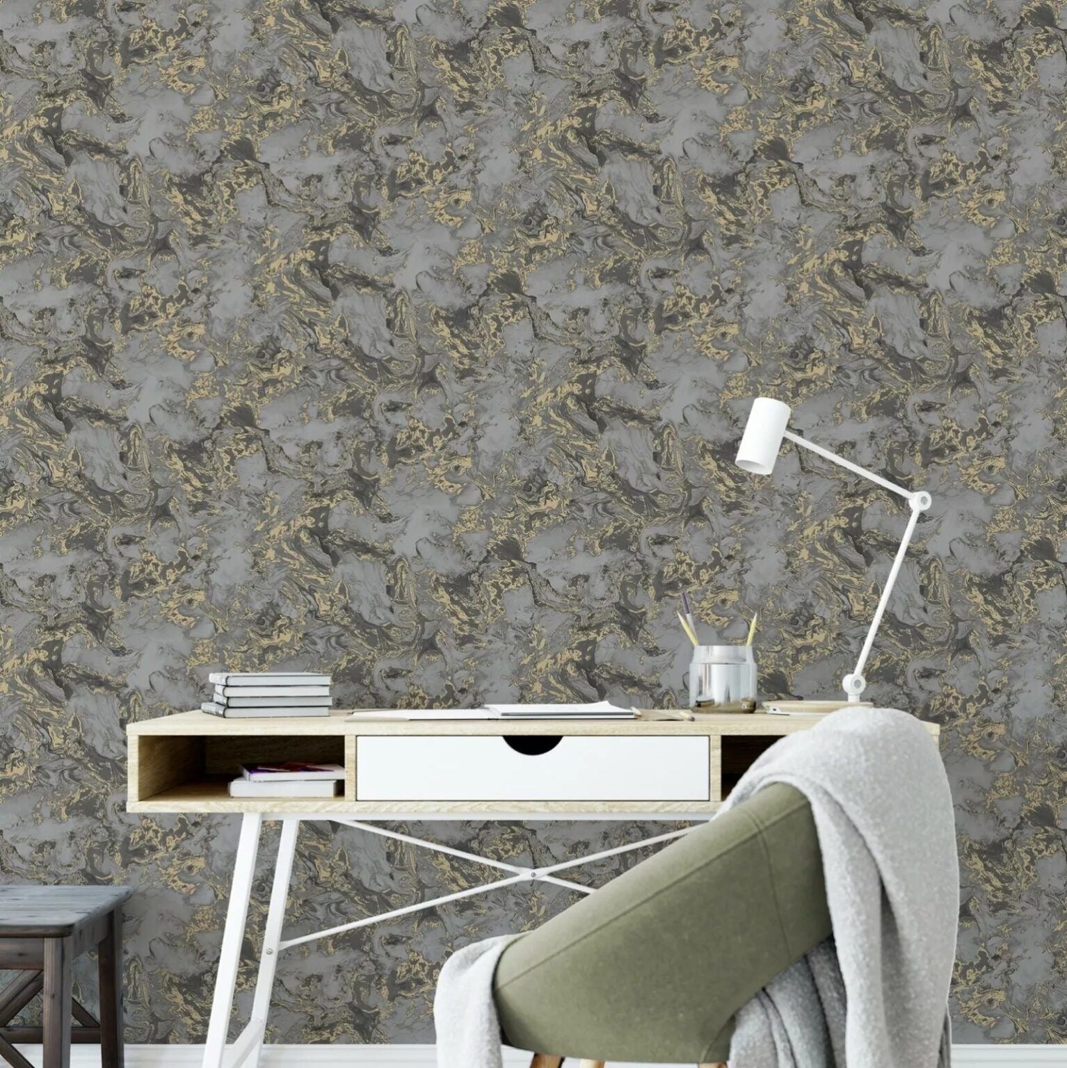 Charcoal and Gold Liquid Marble Wallpaper in modern home office with desk