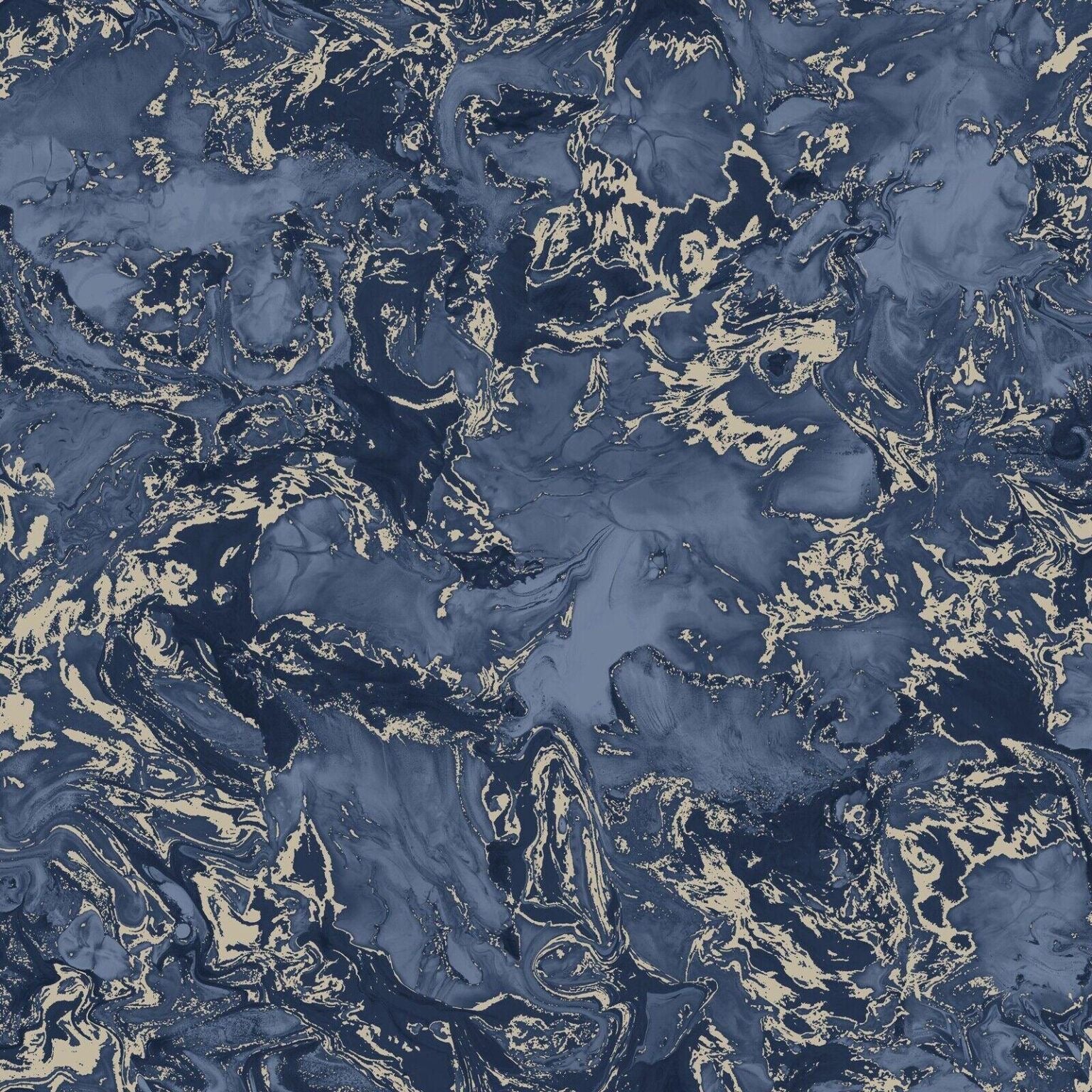 Blue and Gold Ripple Metallic Liquid Marble Wallpaper full pattern swatch close up