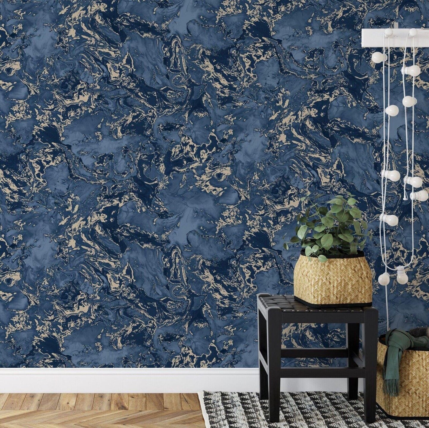Blue and Gold Ripple Metallic Liquid Marble Wallpaper in hallway with wooden floor and plant