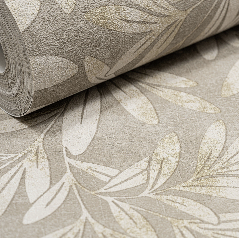 Willow Trail Taupe Natural Leaf Wallpaper roll close up showing leaf pattern and texture