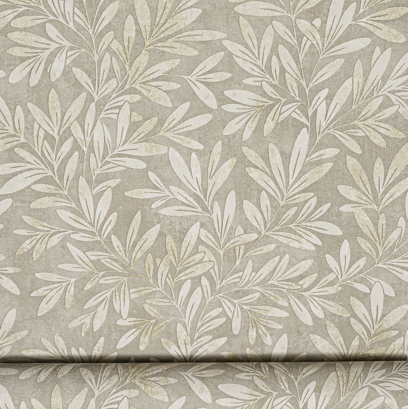 Willow Trail Taupe Natural Leaf Wallpaper flat lay showing full leaf and branch pattern repeat