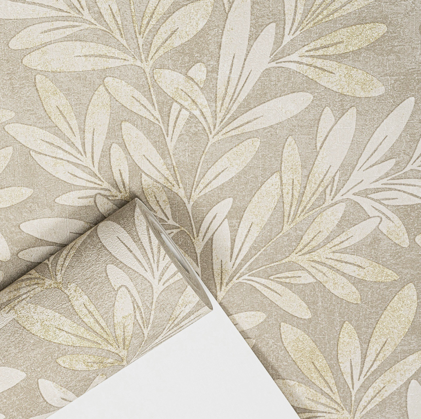 Willow Trail Taupe Natural Leaf Wallpaper roll with sample card showing colour and finish