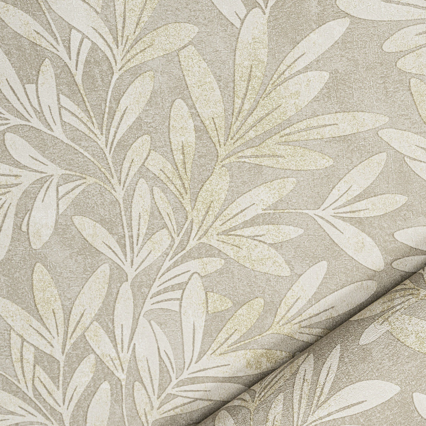 Willow Trail Taupe Natural Leaf Wallpaper close up showing large leaf motif detail