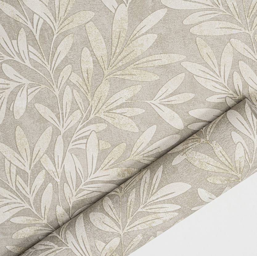 Willow Trail Taupe Natural Leaf Wallpaper roll showing pattern scale and natural taupe tone