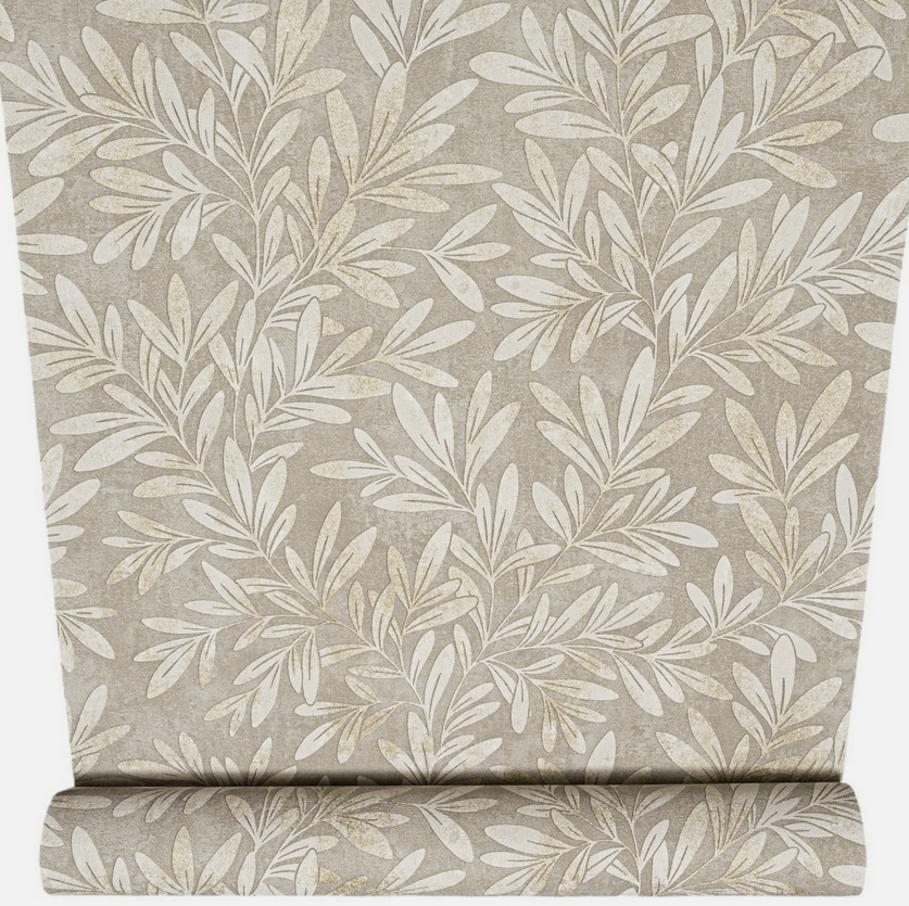 Willow Trail Taupe Natural Leaf Wallpaper upright roll showing full pattern length and repeat